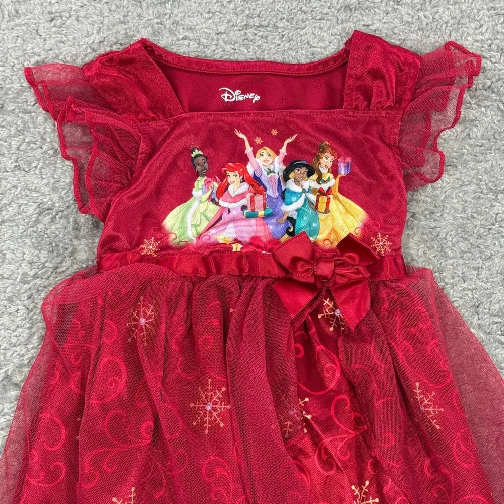 Disney Princess Girls Red Snowflake Holiday Nightgown Dress 3T Ariel Belle Tiana - Picture 2 of 7